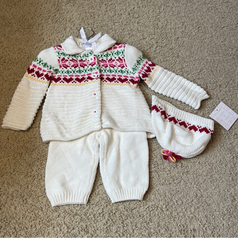 Vintage Dylan & Abby 3-6m Baby Girl 3pc Outfit Knit Pants Sweater Hat Winter NWT